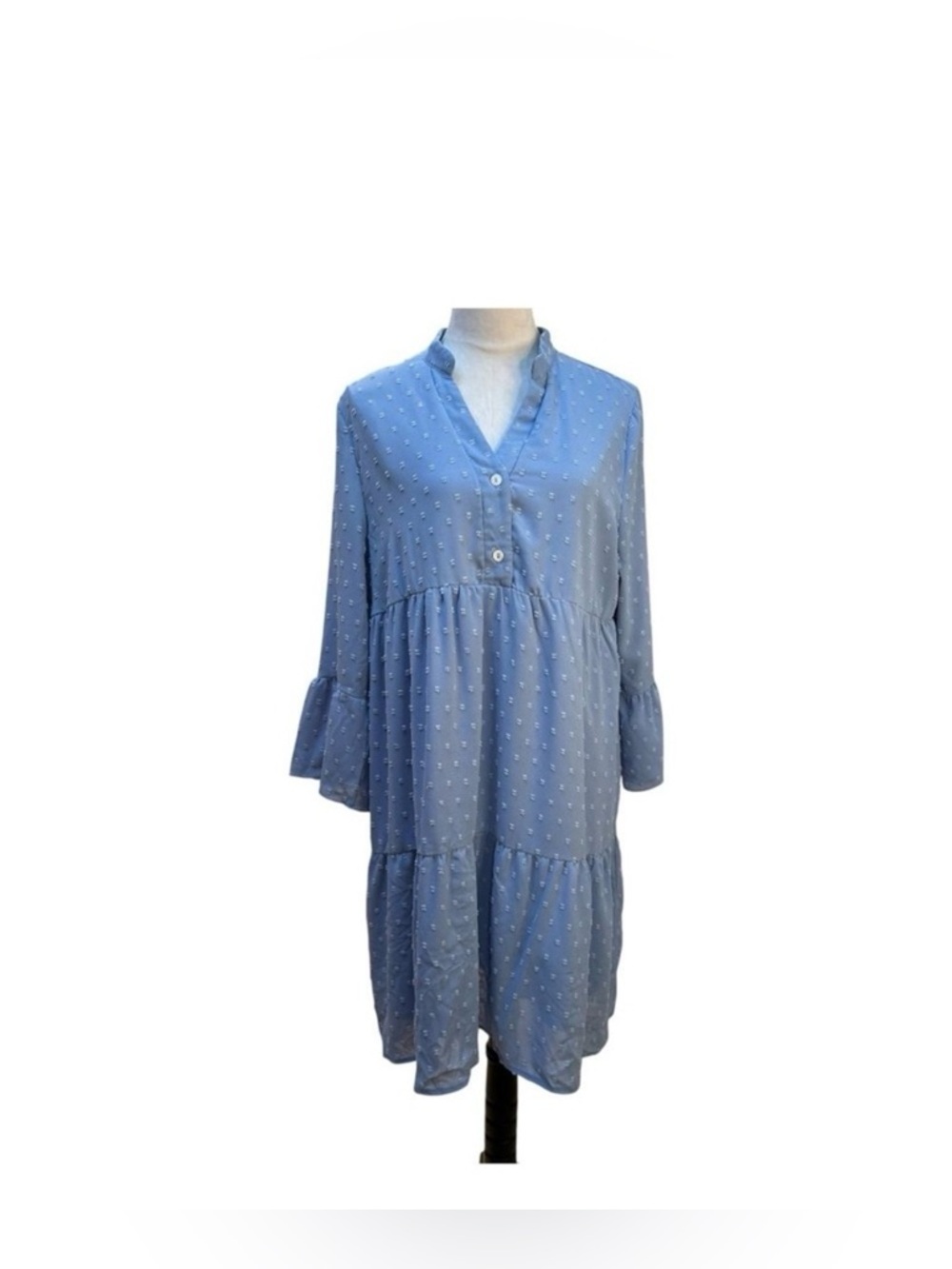 Skue Light Blue Textured Tiered Midi Dress Bell Sleeve Button VNeck Women’s XL